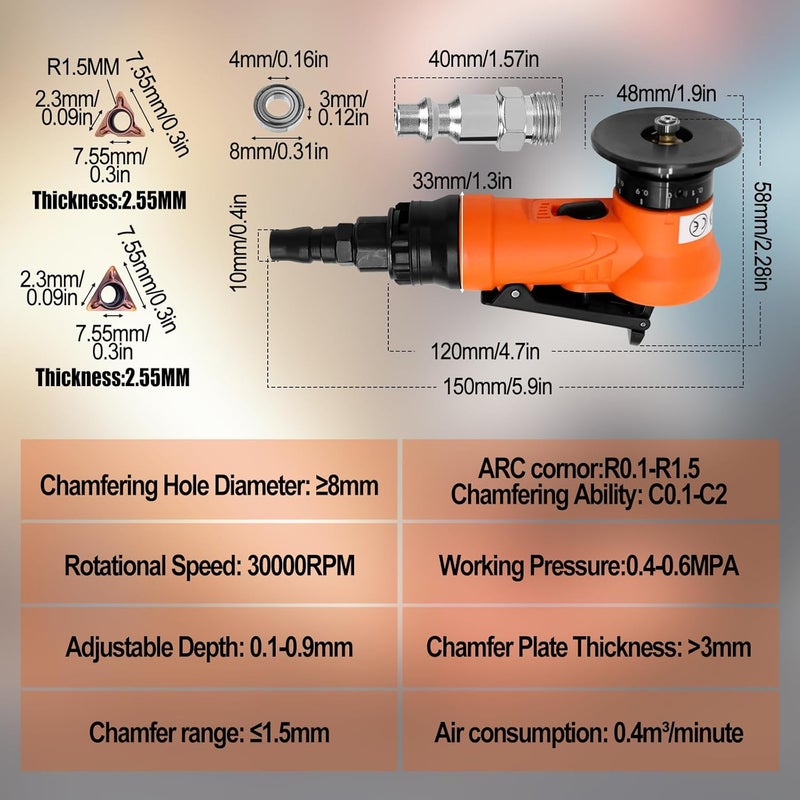 SWTHM 2 in 1 Mini Pneumatic Chamfering Machine, 45° Arc Corner Beveling Trimming Deburring Machine 30000RPM Handheld Chamfering Air Chamfer Tool with 1/4 Inch Air Inlet (C&R Angle Blades,Orange) - Image 5